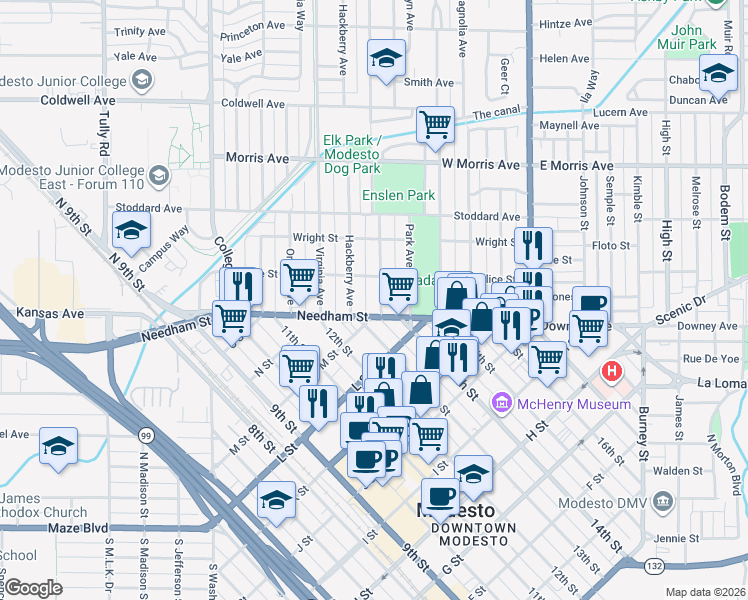map of restaurants, bars, coffee shops, grocery stores, and more near 133 Poplar Avenue in Modesto