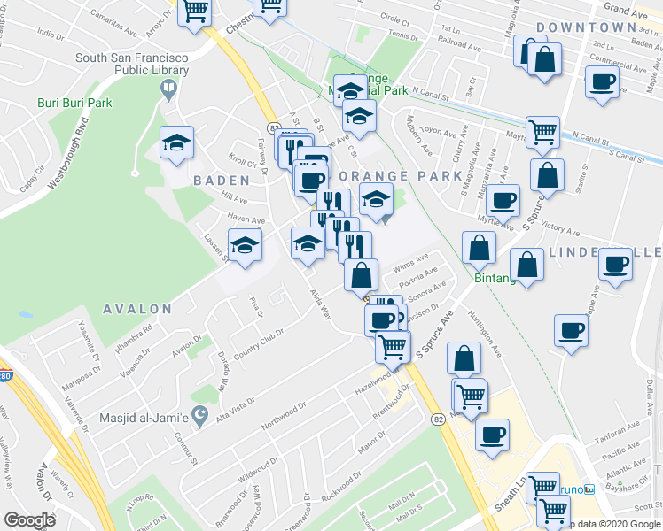 map of restaurants, bars, coffee shops, grocery stores, and more near 465 El Camino Real in South San Francisco