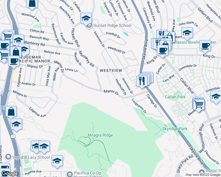 map of restaurants, bars, coffee shops, grocery stores, and more near 184 Lorry Lane in Pacifica