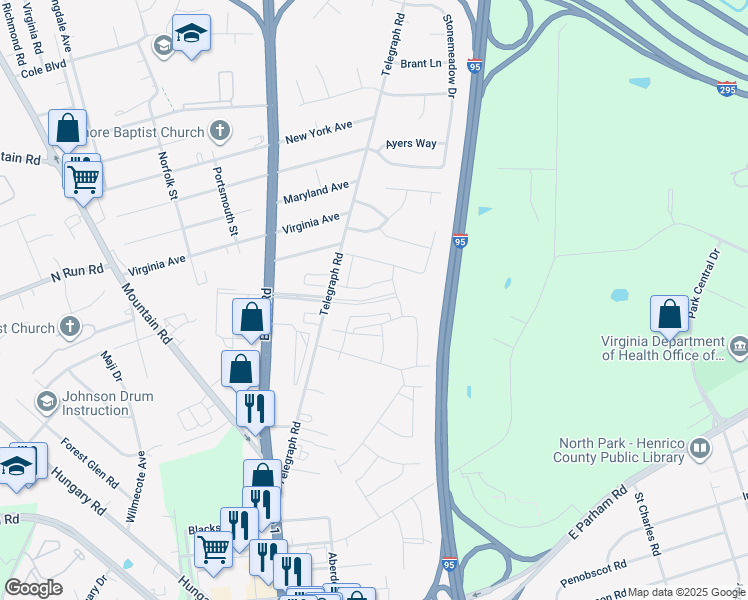 map of restaurants, bars, coffee shops, grocery stores, and more near 9011 Telegraph Road in Glen Allen