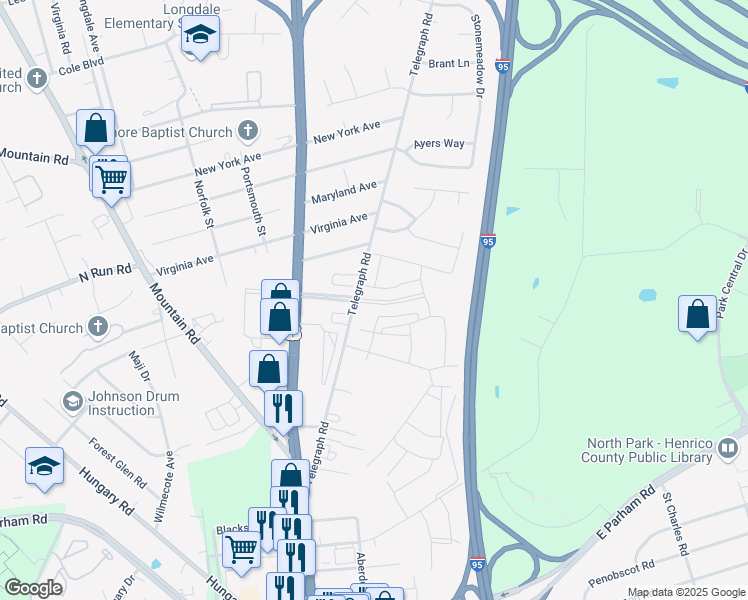 map of restaurants, bars, coffee shops, grocery stores, and more near 8921 Telegraph Road in Glen Allen