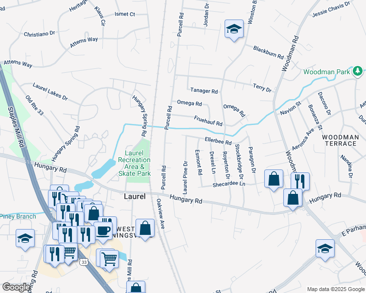 map of restaurants, bars, coffee shops, grocery stores, and more near 9734 Laurel Pine Drive in Richmond