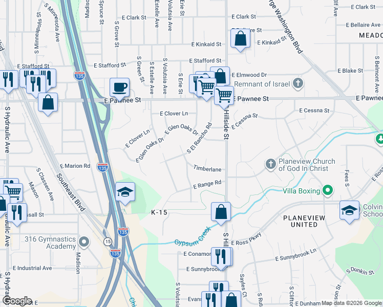 map of restaurants, bars, coffee shops, grocery stores, and more near 2625 South El Rancho in Wichita
