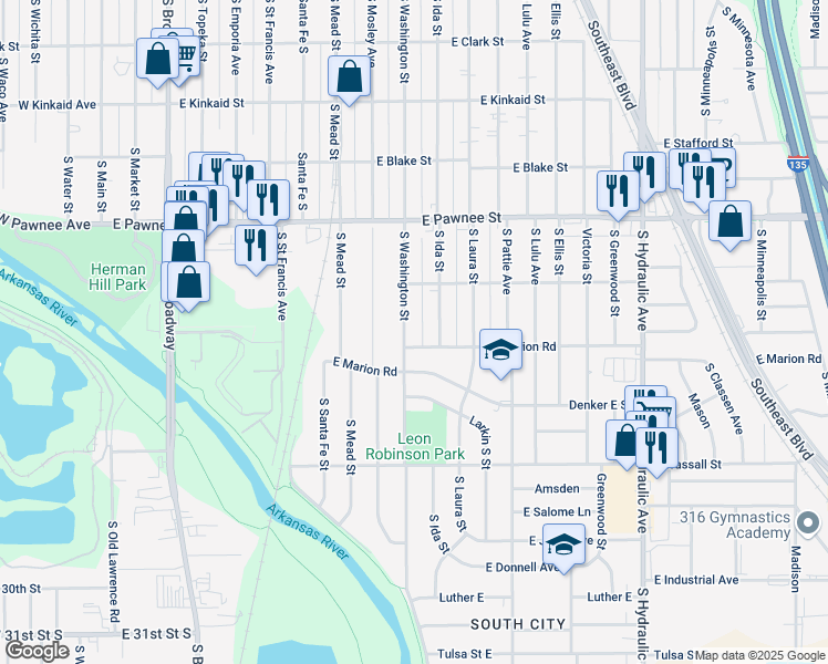 map of restaurants, bars, coffee shops, grocery stores, and more near 2526 Washington South in Wichita