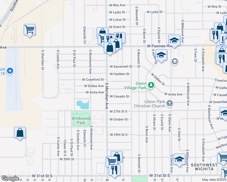map of restaurants, bars, coffee shops, grocery stores, and more near 2326 West Dallas Street in Wichita