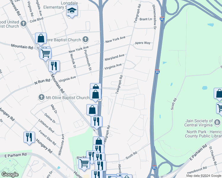 map of restaurants, bars, coffee shops, grocery stores, and more near 9015 Brook Road in Glen Allen