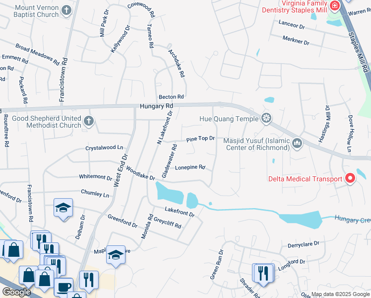 map of restaurants, bars, coffee shops, grocery stores, and more near 4302 Pine Top Court in Richmond