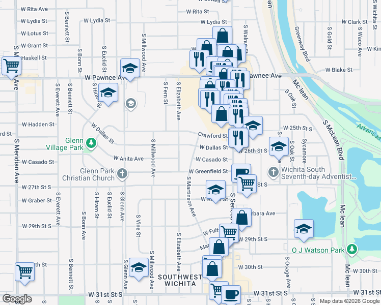 map of restaurants, bars, coffee shops, grocery stores, and more near 2705 South Martinson Avenue in Wichita