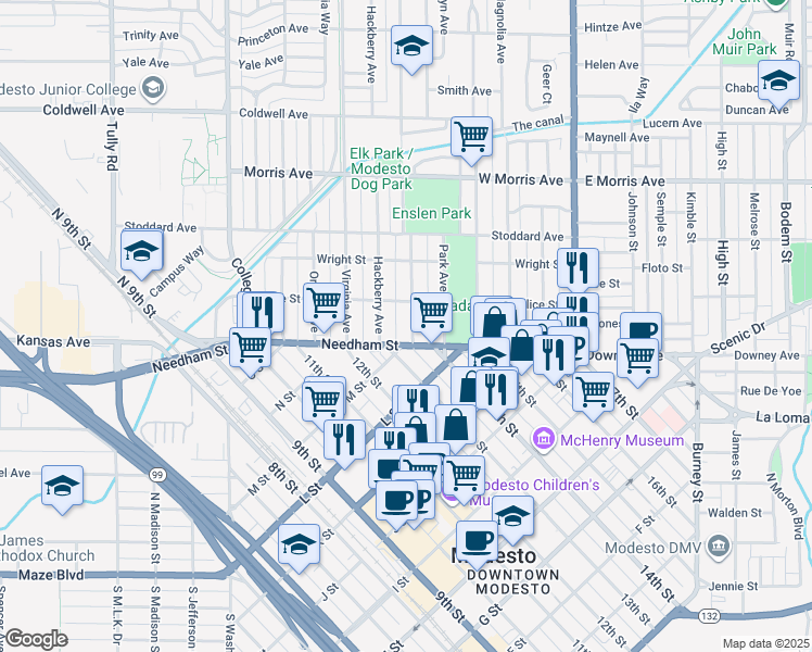 map of restaurants, bars, coffee shops, grocery stores, and more near 133 Poplar Avenue in Modesto