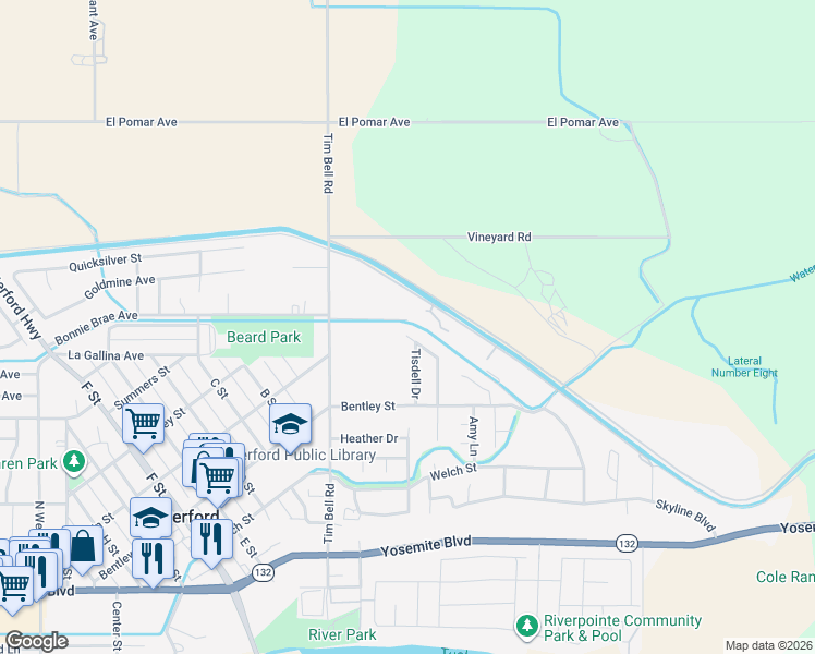 map of restaurants, bars, coffee shops, grocery stores, and more near 13183 Enid Drive in Waterford