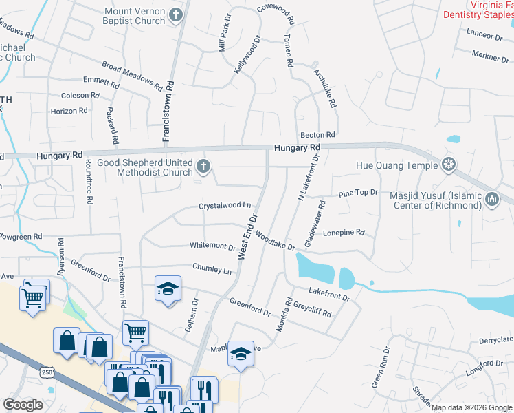map of restaurants, bars, coffee shops, grocery stores, and more near 4307 West End Drive in Richmond