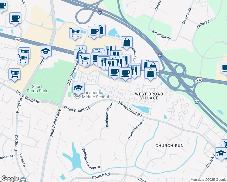 map of restaurants, bars, coffee shops, grocery stores, and more near 3815 Barnyard Trail in Glen Allen
