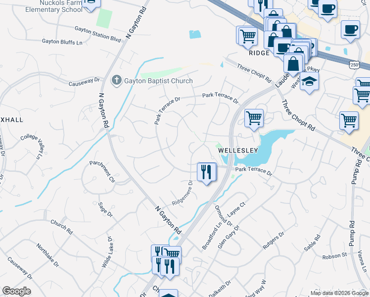 map of restaurants, bars, coffee shops, grocery stores, and more near 13121 Middle Ridge Way in Richmond