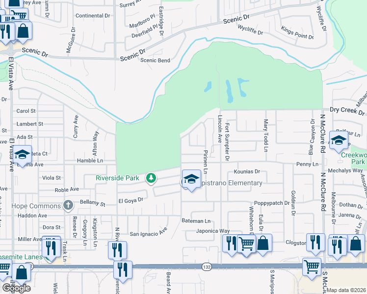 map of restaurants, bars, coffee shops, grocery stores, and more near 524 Capistrano Drive in Modesto