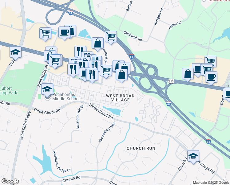 map of restaurants, bars, coffee shops, grocery stores, and more near 3901 Fish Pond Lane in Glen Allen