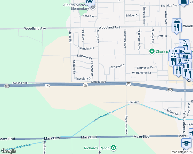 map of restaurants, bars, coffee shops, grocery stores, and more near 813 Mercy Avenue in Modesto
