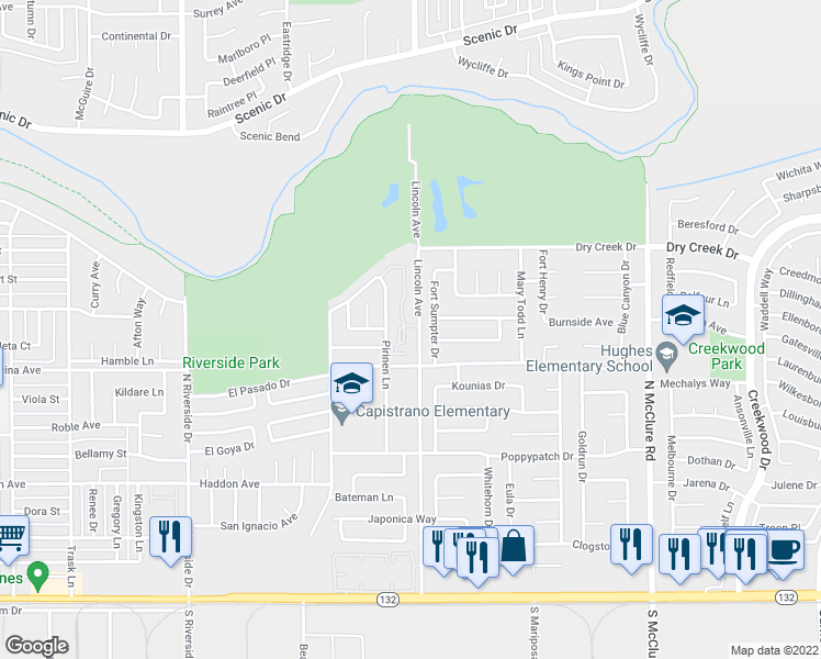 map of restaurants, bars, coffee shops, grocery stores, and more near 533 Fort Sumpter Drive in Modesto