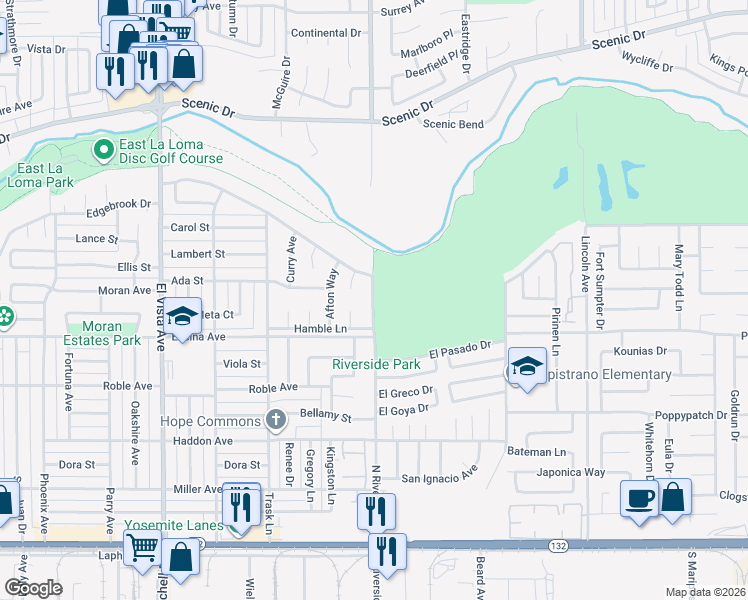 map of restaurants, bars, coffee shops, grocery stores, and more near 529 North Riverside Drive in Modesto