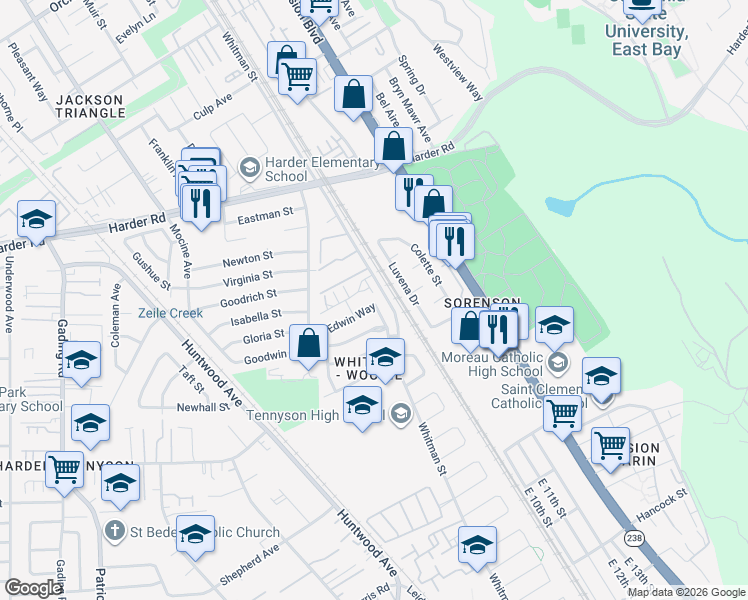 map of restaurants, bars, coffee shops, grocery stores, and more near 586 Cottage Park Drive in Hayward