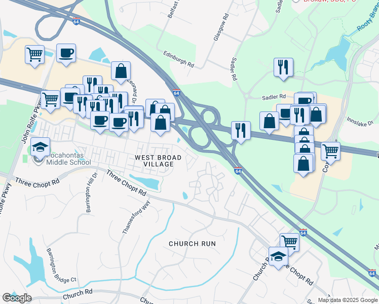 map of restaurants, bars, coffee shops, grocery stores, and more near WFM Village Garden Path in Richmond