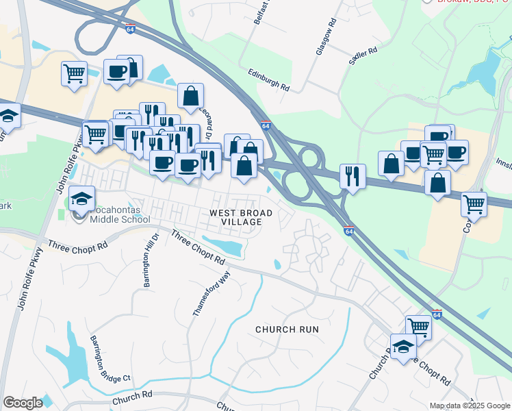 map of restaurants, bars, coffee shops, grocery stores, and more near 106 Geese Landing in Short Pump
