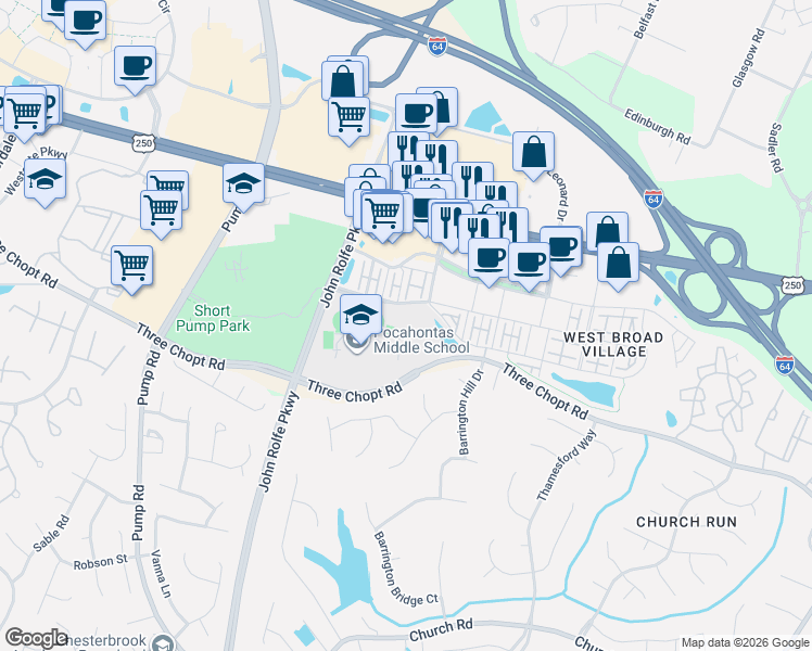 map of restaurants, bars, coffee shops, grocery stores, and more near 2510 Liesfeld Parkway in Glen Allen