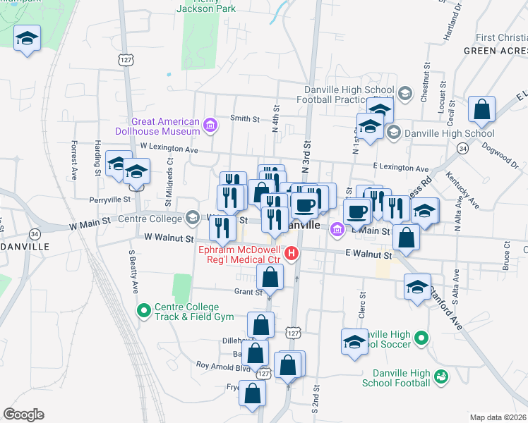 map of restaurants, bars, coffee shops, grocery stores, and more near in Danville