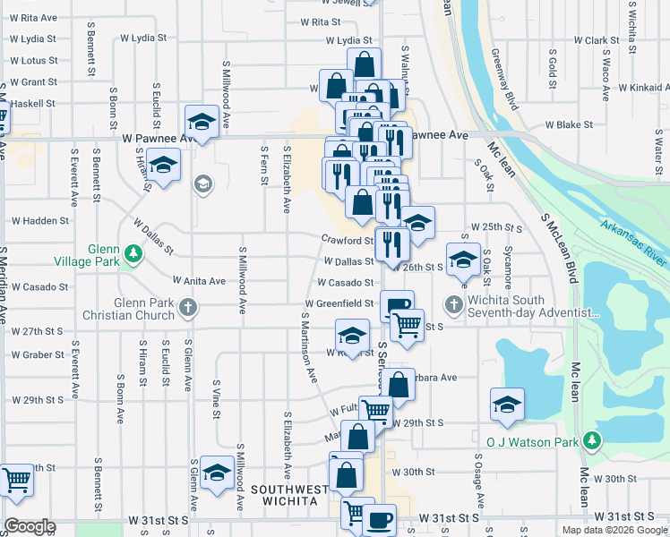 map of restaurants, bars, coffee shops, grocery stores, and more near 1214 West Dallas Street in Wichita