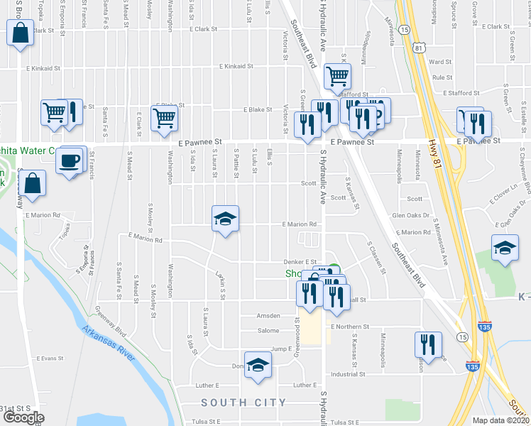 map of restaurants, bars, coffee shops, grocery stores, and more near 2543 Ellis South in Wichita