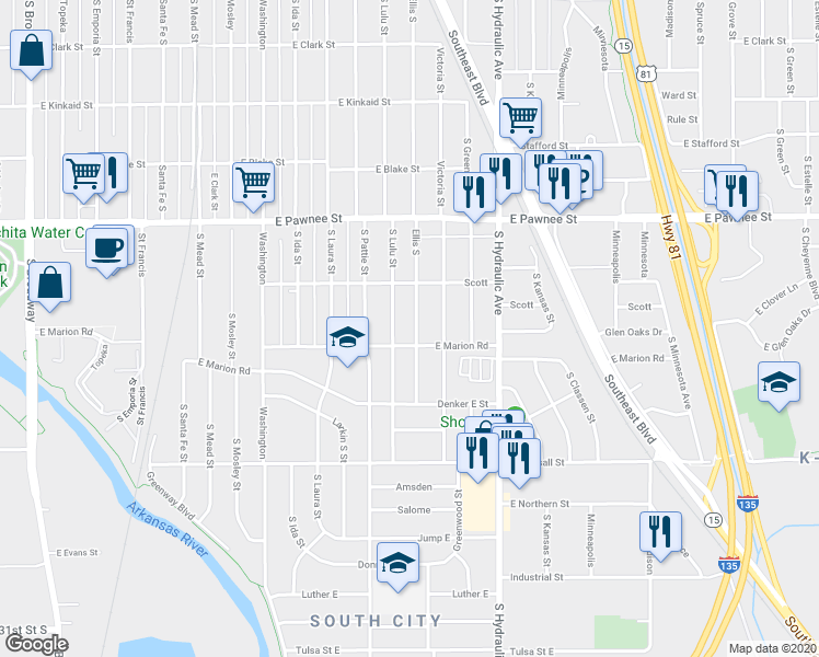 map of restaurants, bars, coffee shops, grocery stores, and more near 2545 Ellis South in Wichita