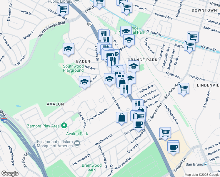 map of restaurants, bars, coffee shops, grocery stores, and more near 434 Alida Way in South San Francisco