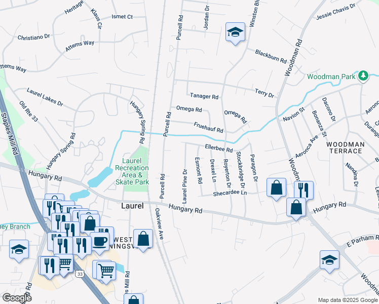 map of restaurants, bars, coffee shops, grocery stores, and more near 9735 Laurel Pine Drive in Richmond
