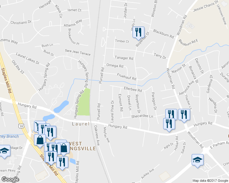 map of restaurants, bars, coffee shops, grocery stores, and more near 9735 Laurel Pine Drive in Richmond