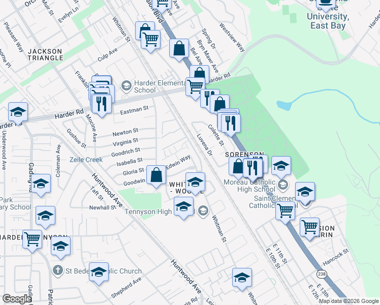 map of restaurants, bars, coffee shops, grocery stores, and more near 586 Cottage Park Drive in Hayward
