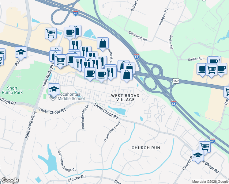 map of restaurants, bars, coffee shops, grocery stores, and more near Strolling Lane in Henrico