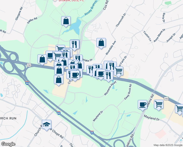 map of restaurants, bars, coffee shops, grocery stores, and more near 10612 West Broad Street in Glen Allen