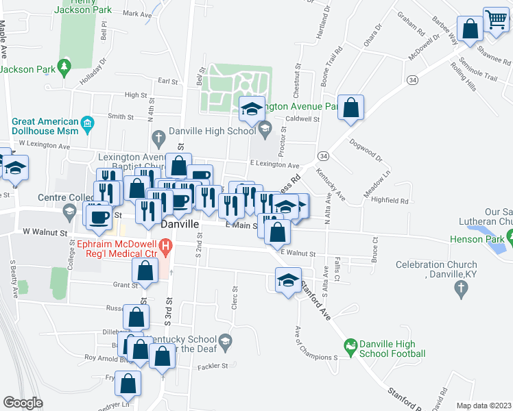 map of restaurants, bars, coffee shops, grocery stores, and more near 208 East Broadway Street in Danville