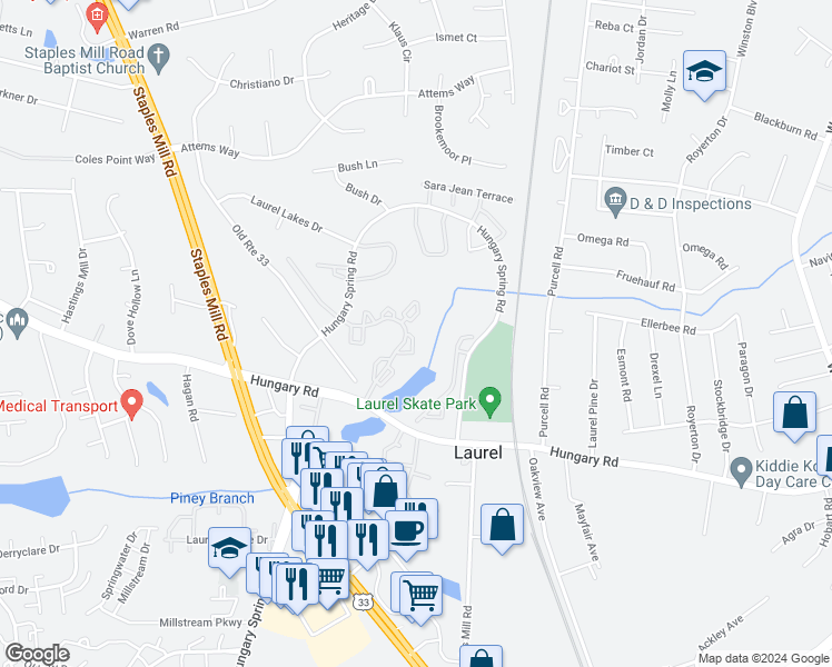 map of restaurants, bars, coffee shops, grocery stores, and more near 9367 Brighter Tower Court in Glen Allen