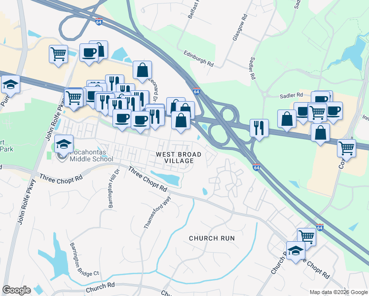 map of restaurants, bars, coffee shops, grocery stores, and more near 1801 Old Brick Road in Glen Allen