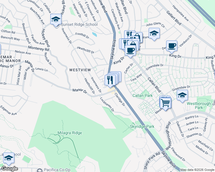 map of restaurants, bars, coffee shops, grocery stores, and more near 391 Sycamore Street in Pacifica