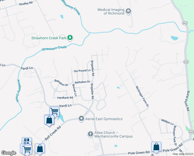 map of restaurants, bars, coffee shops, grocery stores, and more near 9026 Brigadier Road in Mechanicsville