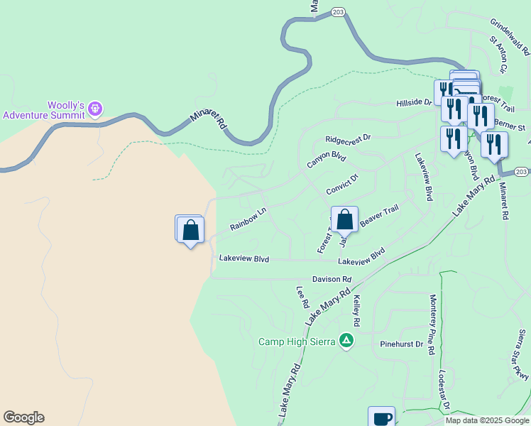 map of restaurants, bars, coffee shops, grocery stores, and more near 803 Canyon Boulevard in Mammoth Lakes