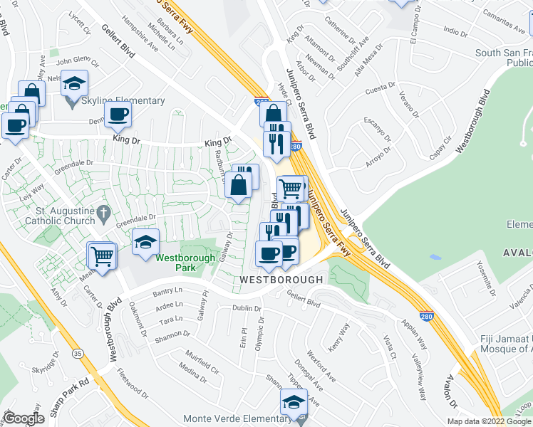 map of restaurants, bars, coffee shops, grocery stores, and more near 2220 Gellert Boulevard in South San Francisco