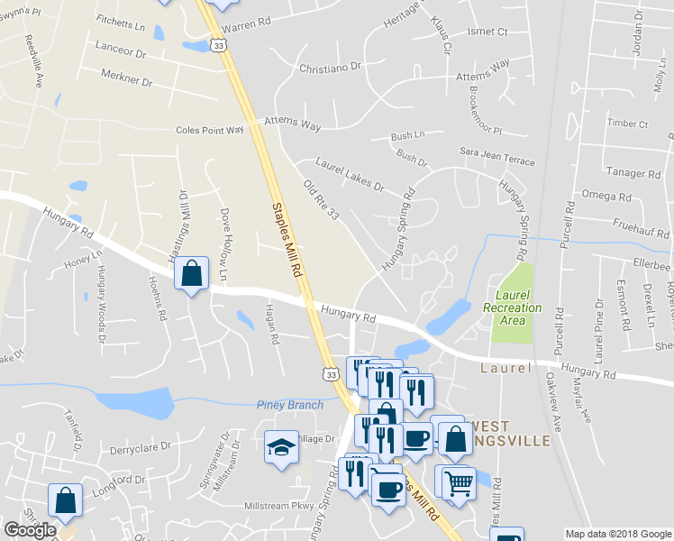 map of restaurants, bars, coffee shops, grocery stores, and more near 9500 Hungary Spring Road in Glen Allen