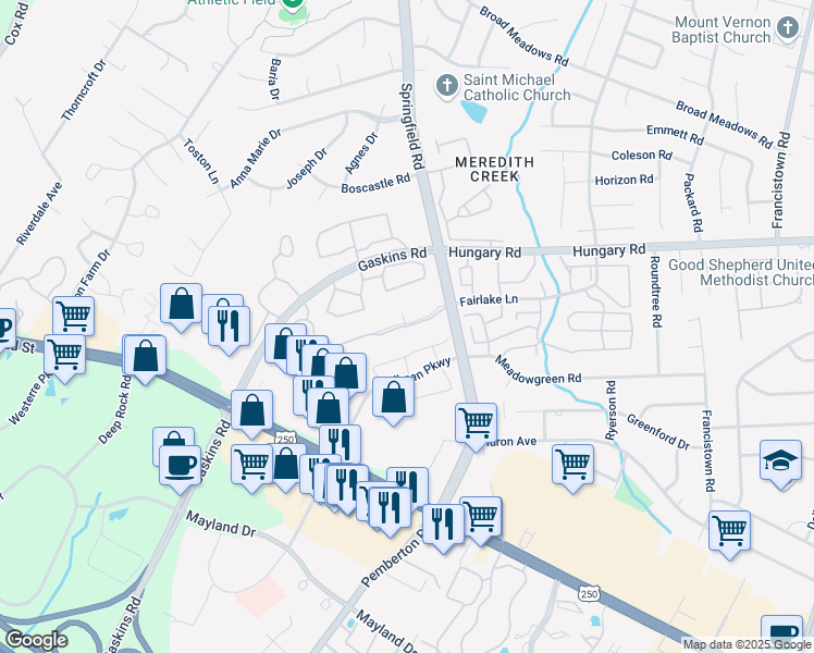 map of restaurants, bars, coffee shops, grocery stores, and more near 4128 Fairlake Lane in Glen Allen