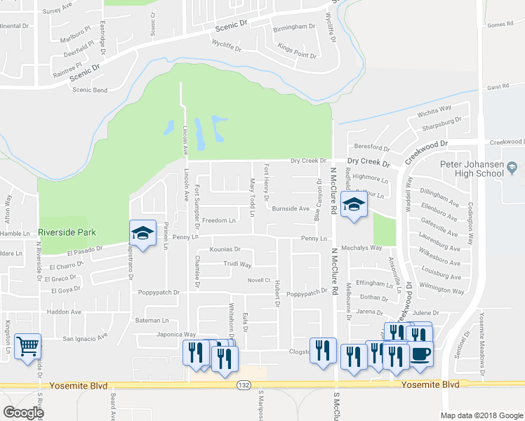 map of restaurants, bars, coffee shops, grocery stores, and more near 517 Fort Henry Drive in Modesto