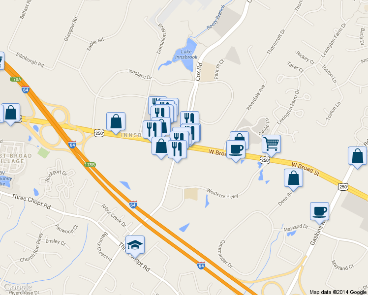 map of restaurants, bars, coffee shops, grocery stores, and more near 10841 West Broad Street in Henrico