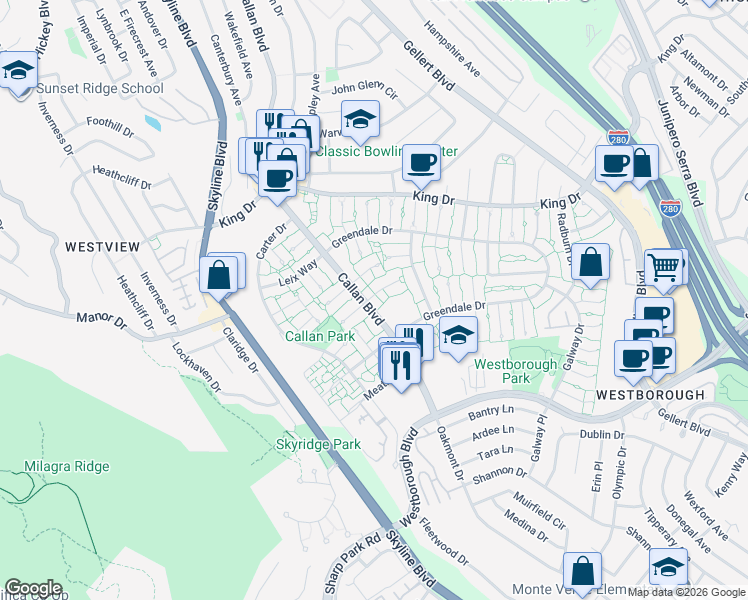 map of restaurants, bars, coffee shops, grocery stores, and more near 3740 Callan Boulevard in South San Francisco