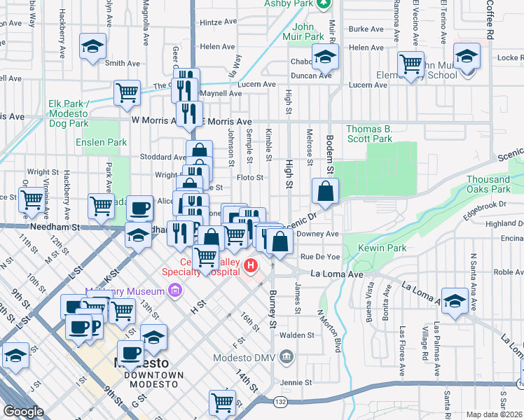 map of restaurants, bars, coffee shops, grocery stores, and more near 214 Semple Street in Modesto