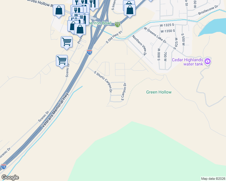map of restaurants, bars, coffee shops, grocery stores, and more near 1416 West 1700 South in Cedar City